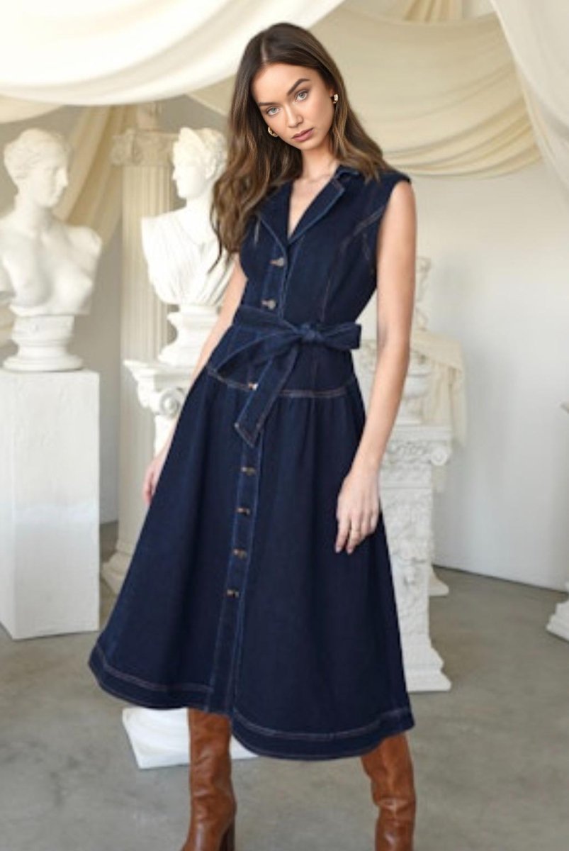 Adelyn Rae - Gloria Belted Denim Shirt Midi Dress - Encompass Boutique