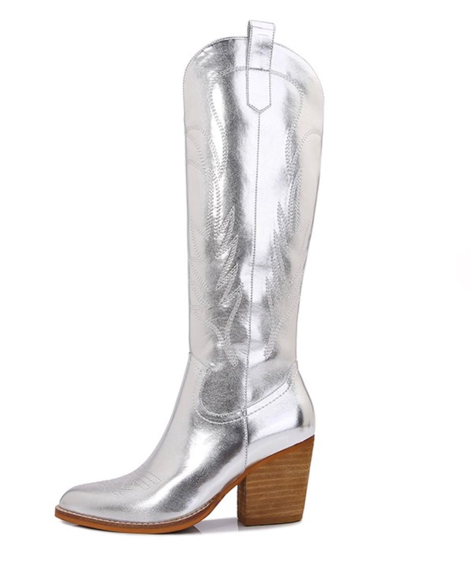 Melody - Metallic Embroidery Knee High Boots - Encompass Boutique