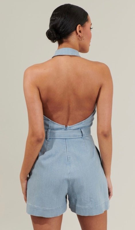 Sugarlips - Roslyn Denim Halter Romper (Final Sale) - Encompass Boutique