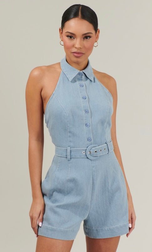 Sugarlips - Roslyn Denim Halter Romper (Final Sale) - Encompass Boutique