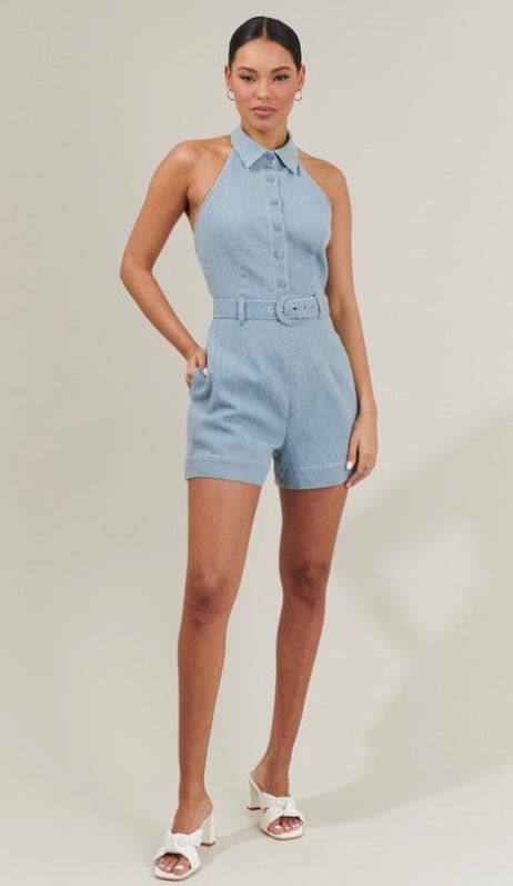 Sugarlips - Roslyn Denim Halter Romper (Final Sale) - Encompass Boutique