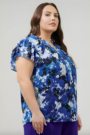 Sugarlips - Moonflower Montie Ruffle Tie Neck Blouse - Plus Size (Final Sale) - Encompass Boutique